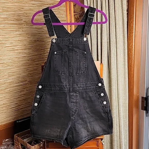 Black Denim Short Overalls - Picture 1 of 3
